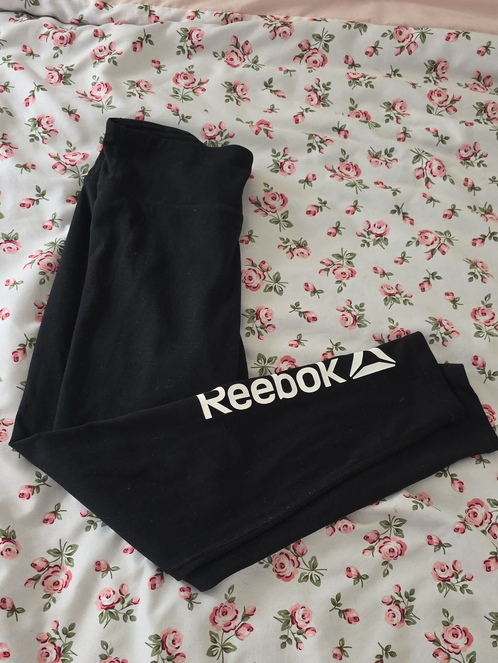 Reebok Black Capri Leggings with White Reebok Script